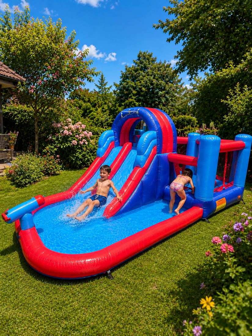 Kinder rutschen in die Wasserrutsche mit Plantschbecken