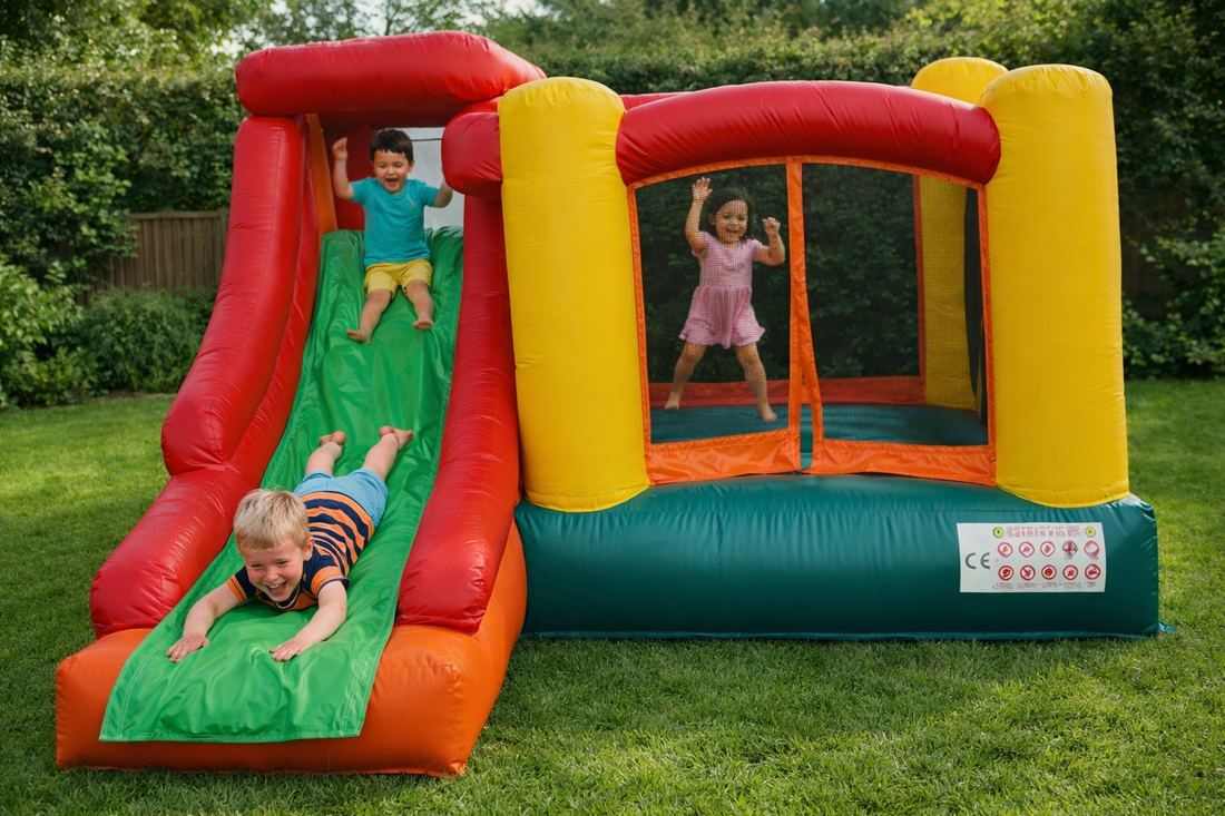 Kinder hüpfen und rutschen auf einer Nylon-Hüpfburg im Garten